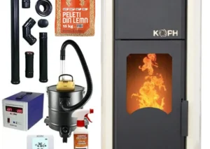 Pachet termosemineu cu peleti KOPH PM 30 kW, 200 mp, buncar peleti 30 kg, diametru cos fum ⌀80 mm, pompa recirculare si vas expansiune incorporate, Crem
