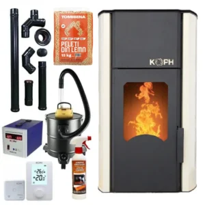 Pachet termosemineu cu peleti KOPH PM 30 kW, 200 mp, buncar peleti 30 kg, diametru cos fum ⌀80 mm, pompa recirculare si vas expansiune incorporate, Crem