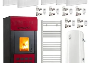 Pachet complet termosemineu pe peleti Termax Kamin ECO 25 kW, pompa de reciculare si vas expansiune inclus, 6 calorifere, boiler termoelectric 100 litri si 6 seturi robineti
