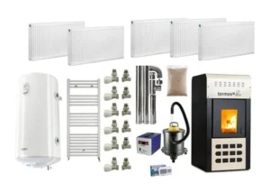 Pachet termosemineu peleti Termax Kamin ECO, 25 kW, cu agent termic, Calorifere, Boiler Termoelectric 100 litri, recomandat pentru 160 mp