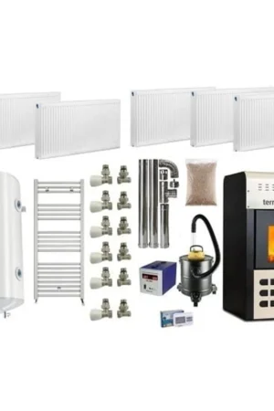 Pachet termosemineu peleti Termax Kamin ECO, 25 kW, cu agent termic, Calorifere, Boiler Termoelectric 100 litri, recomandat pentru 160 mp