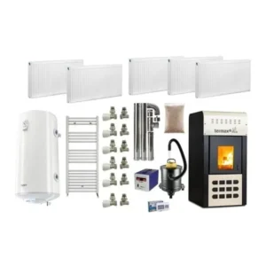 Pachet termosemineu cu peleti KOPH PM 25 kW, 170 mp, buncar peleti 25 kg, diametru cos fum ⌀80 mm, pompa recirculare si vas expansiune incorporate, Bordo